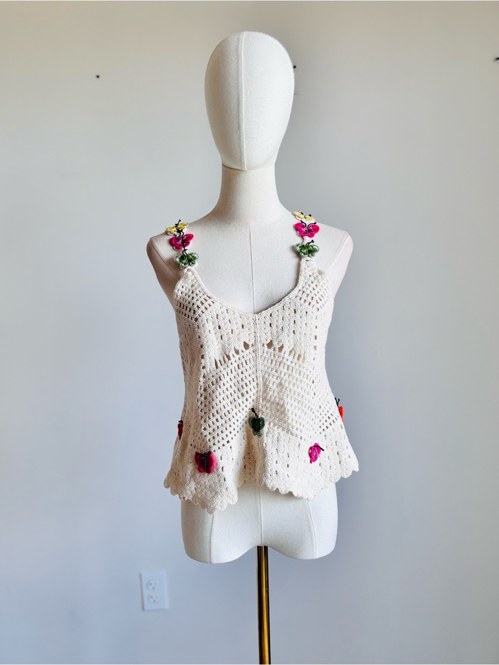 Rebellion Cream Crochet Tank with Pink & Green Floral Straps